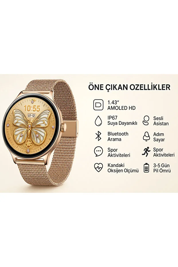 Huawei Mate 70 Uyumlu Şık Kadın Akıllı Saat – Su Geçirmez, Yuvarlak Çelik Kasa, Metal Kordon